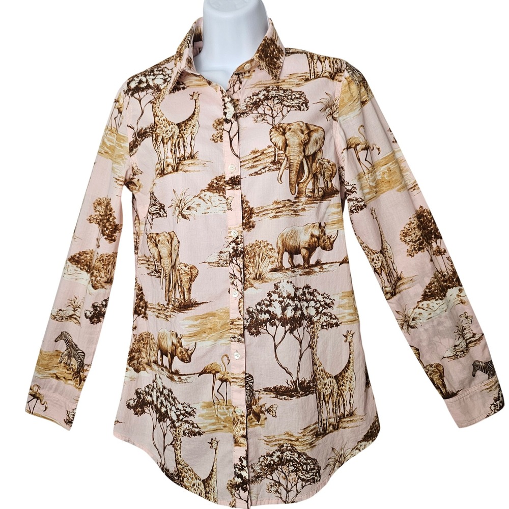 J.McLaughlin Safari Toile Shirt Women XS Pink Brown Cotton Elephant Giraffe‎